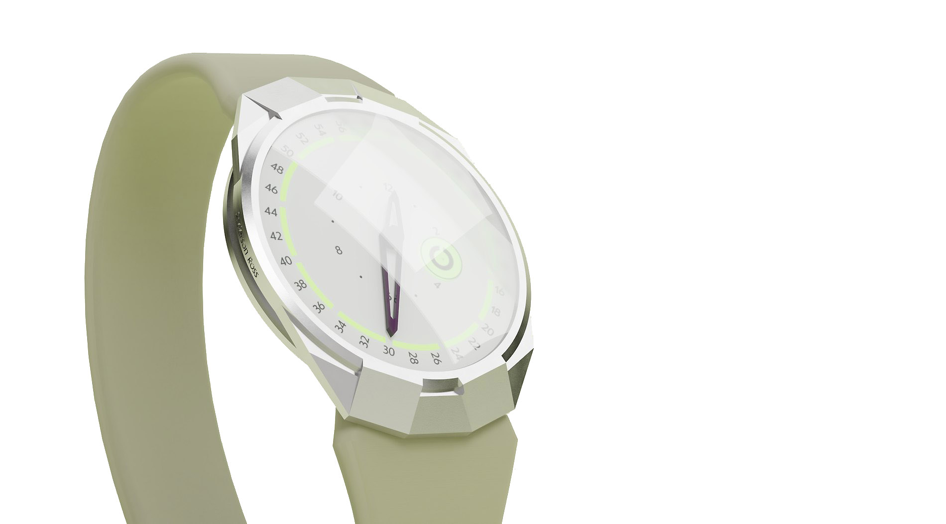 Close view of the Debut dial showing the open minute track and unconventional hour markers.